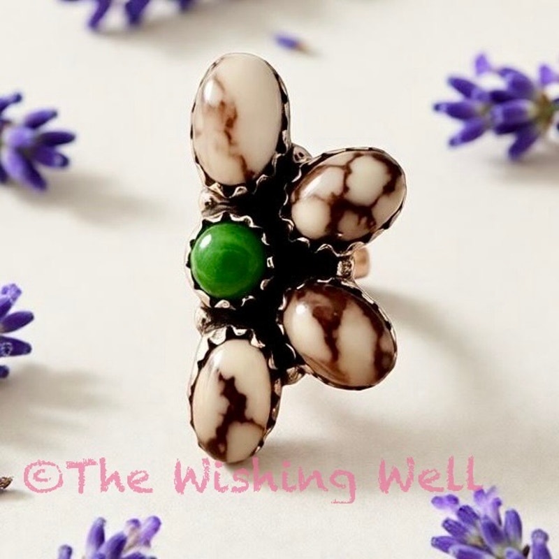 Dainty Minimslist Wild Horse Jasper Green Turquoise Half Cluster Ring Adjust 144$
